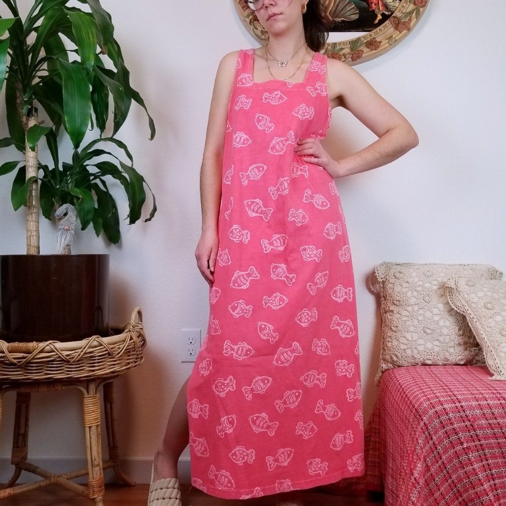 90s Pink Fish Print Maxi Tank Dress